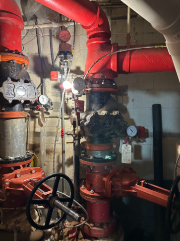 Multi-stage fire suppression system check valves and mechanical riser setup.
