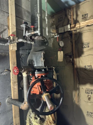 Main OS&Y gate valve and backflow preventer assembly for industrial fire systems.